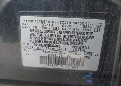 2013 Nissan Sentra Sl from USA, damaged, VIN 3N1AB7AP0DL674163